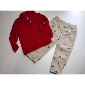 Carters Toddler Boy 2T Red Long Sleeve Polo & Dinosaur Print Khaki Pants Set